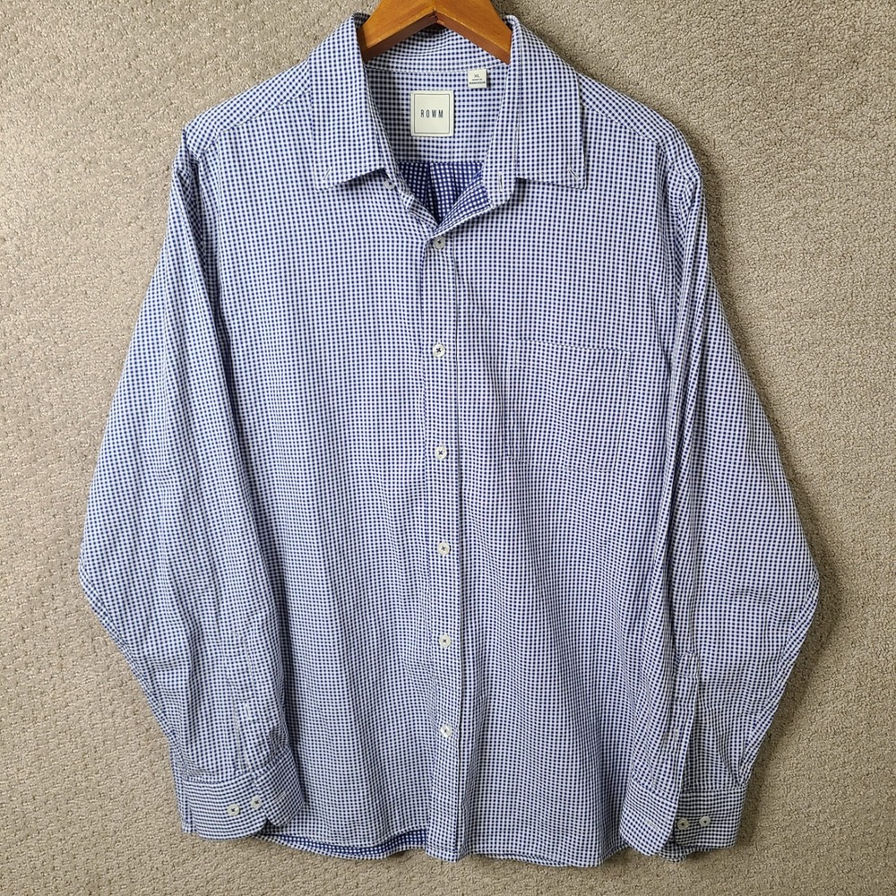 Rowm Shirt Mens XL Blue Gingham Button Down Cotton Long Sleeve Casual